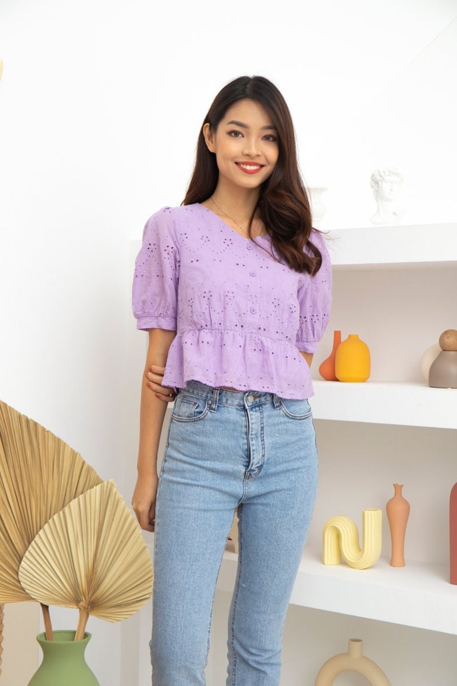 Tops VERITAJOY | Viola Balloon Sleeve Eyelet Top In Violet