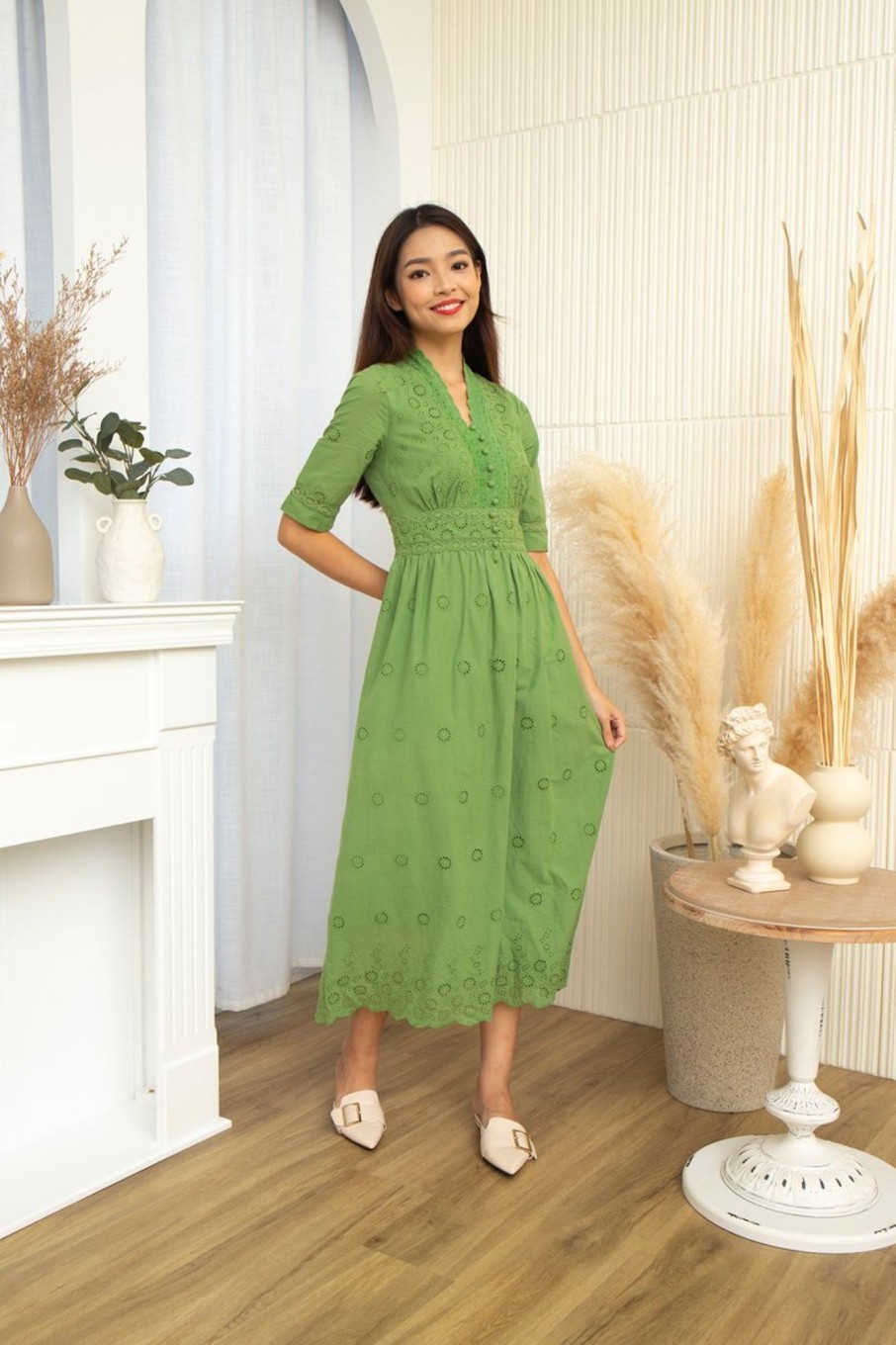 Dresses VERITAJOY | Cerise V-Neck Eyelet Dress In Green