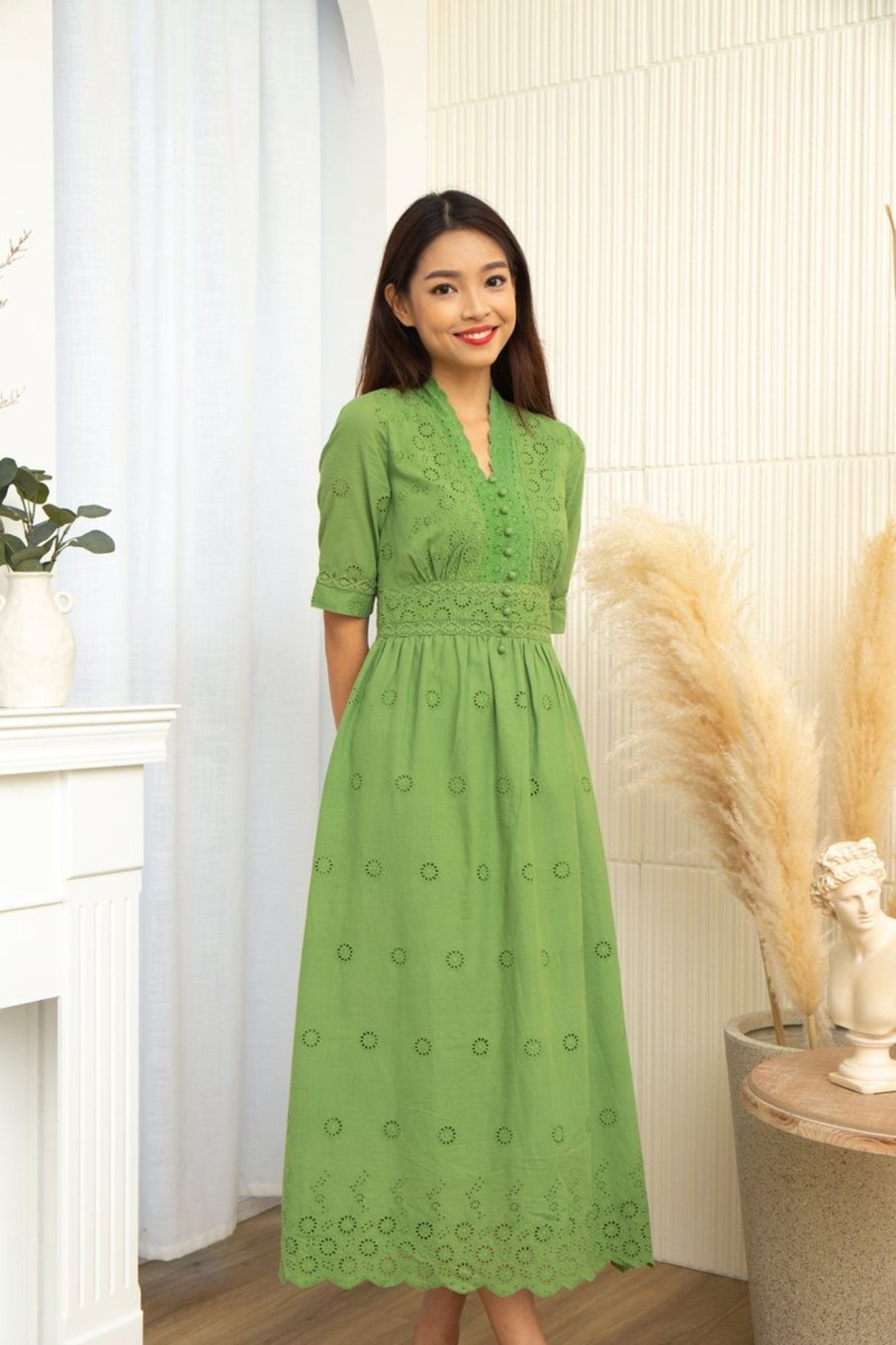 Dresses VERITAJOY | Cerise V-Neck Eyelet Dress In Green