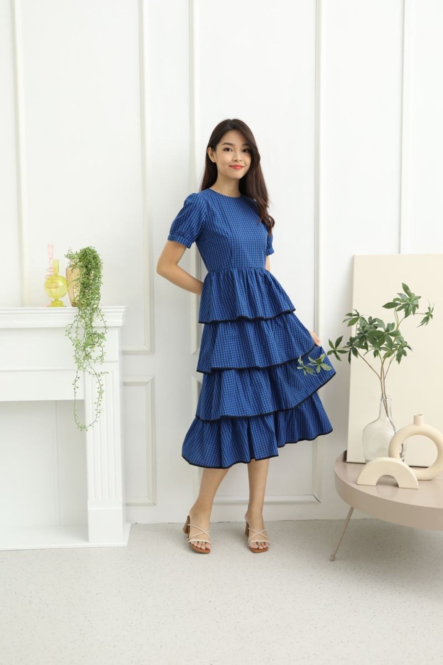 Dresses VERITAJOY | Zahara Checked Print Tier Dress In Blue