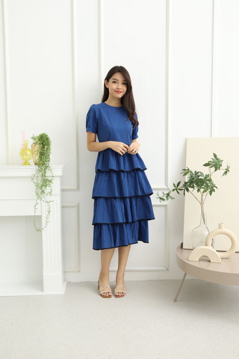 Dresses VERITAJOY | Zahara Checked Print Tier Dress In Blue