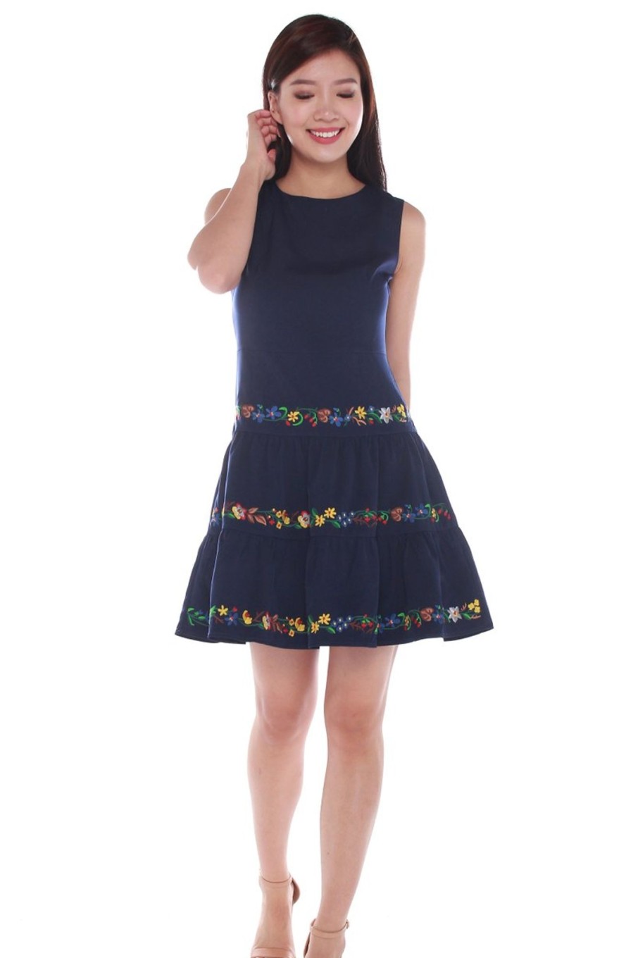 Dresses VERITAJOY | Sylvie Embroidery Skater Dress In Dark Blue