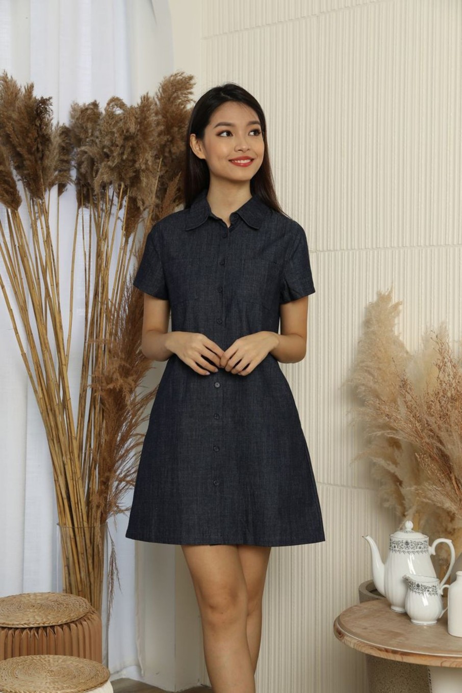 Dresses VERITAJOY | Jeanne Collar Shirt Shift Dress In Dark Denim