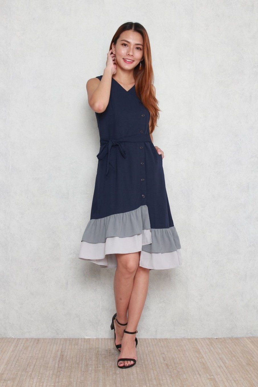 Dresses VERITAJOY | Hadley Tiered Colorblock Hem Dress In Navy Blue