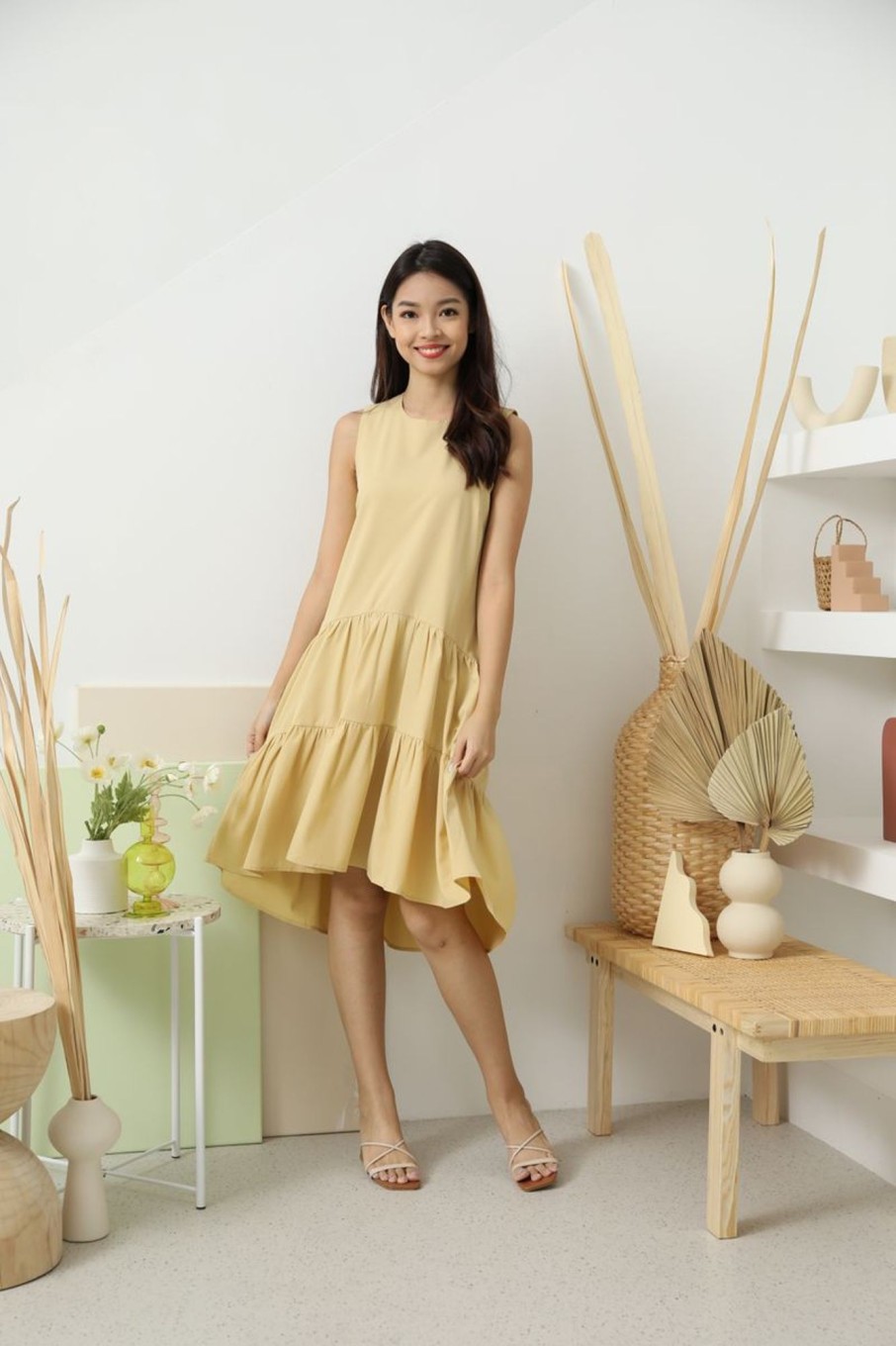 Dresses VERITAJOY | Hattie Drop Waist Hi-Low Ruffle Dress In Yellow