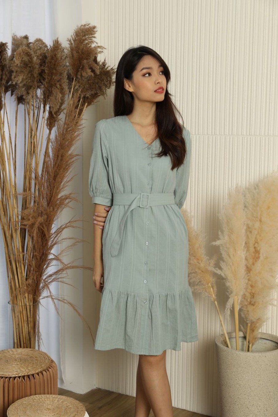 Dresses VERITAJOY | Hazelle Buttoned Down Ruffle Midi Dress In Sage