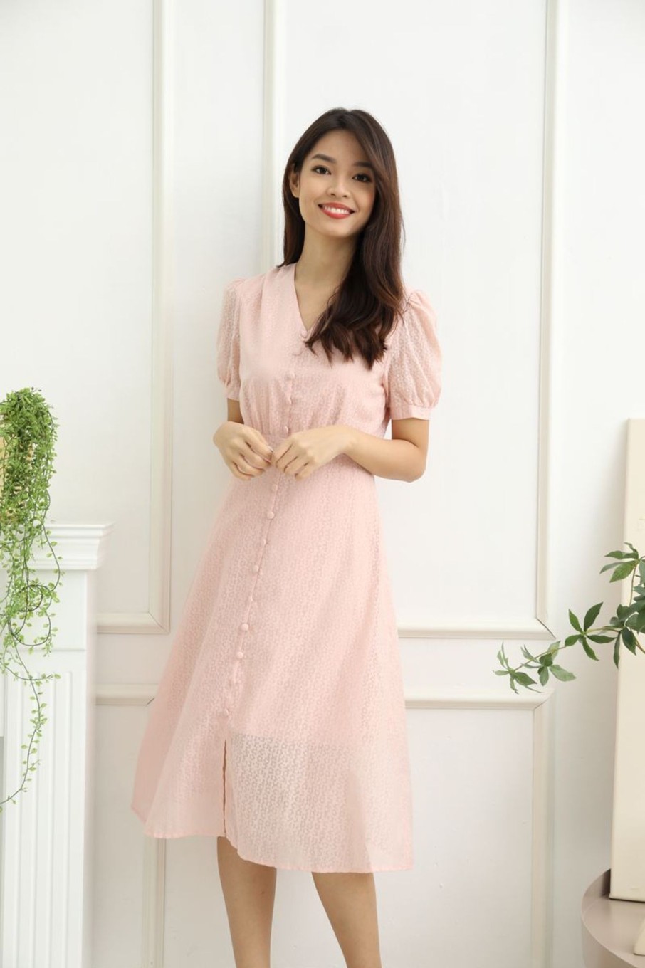 Dresses VERITAJOY | Luisa Front Button Down Sleeved Midi Dress In Pink