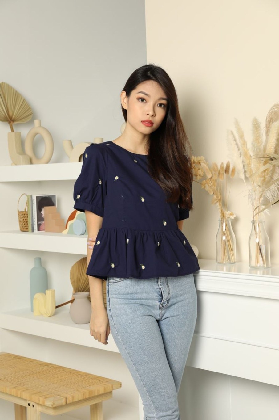 Tops VERITAJOY | Marigold Two-Way Embroidered Blouse In Navy