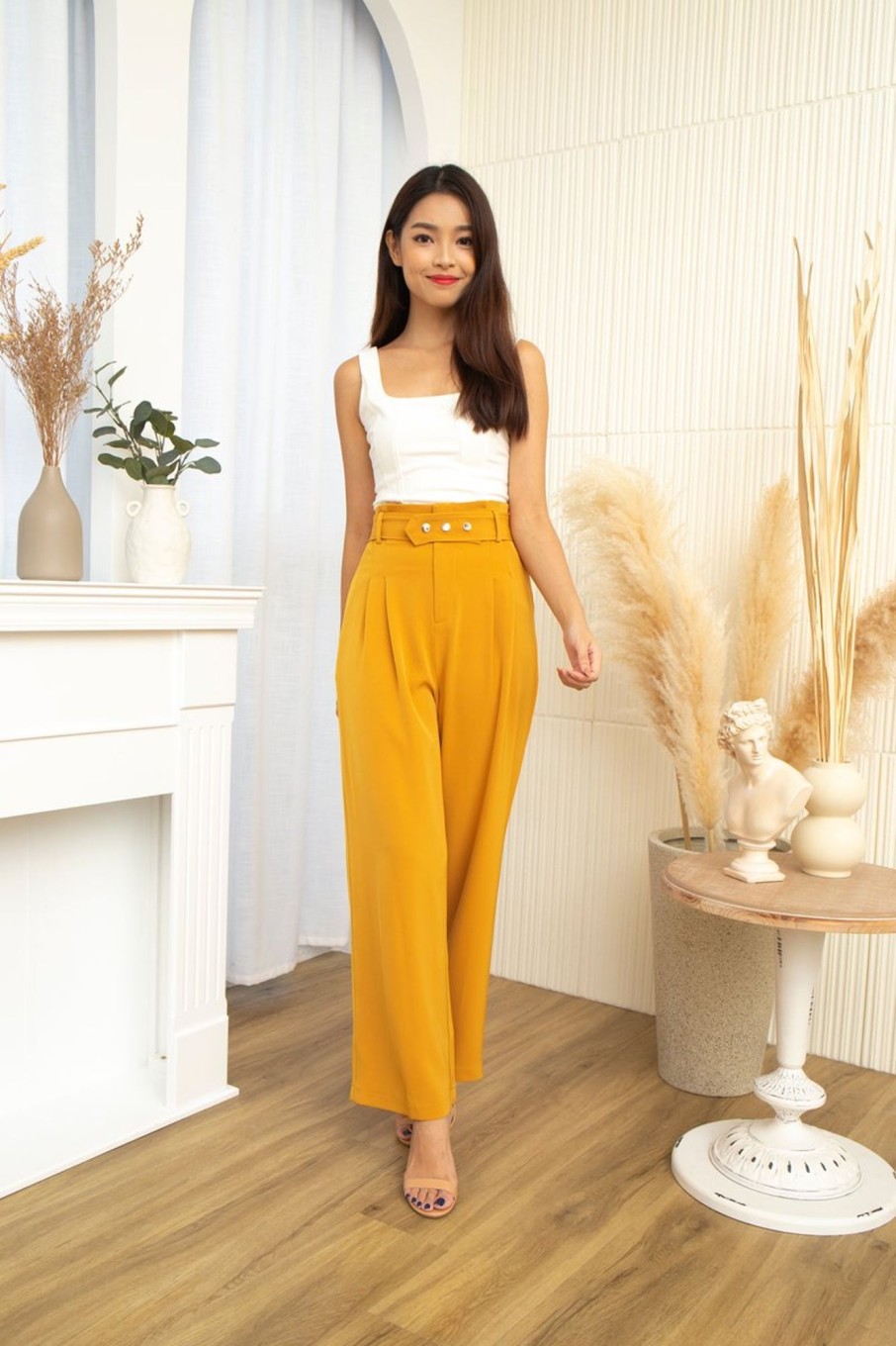 Bottoms VERITAJOY | Bastina High Waist Pants With Belt In Mustard