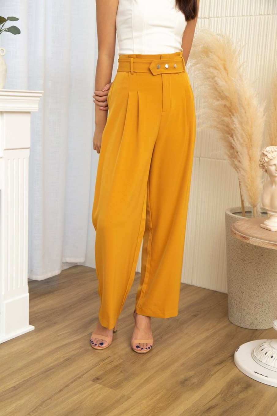 Bottoms VERITAJOY | Bastina High Waist Pants With Belt In Mustard